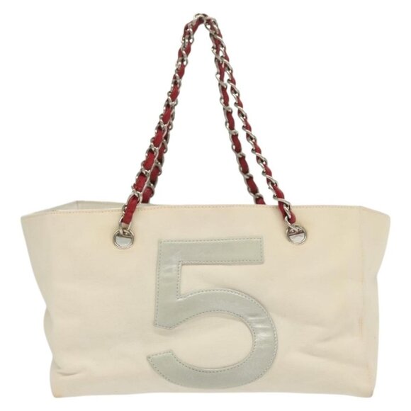 CHANEL Choco Bar Line Chain Tote Bag Canvas White Silver CC Auth - Picture 3 of 16